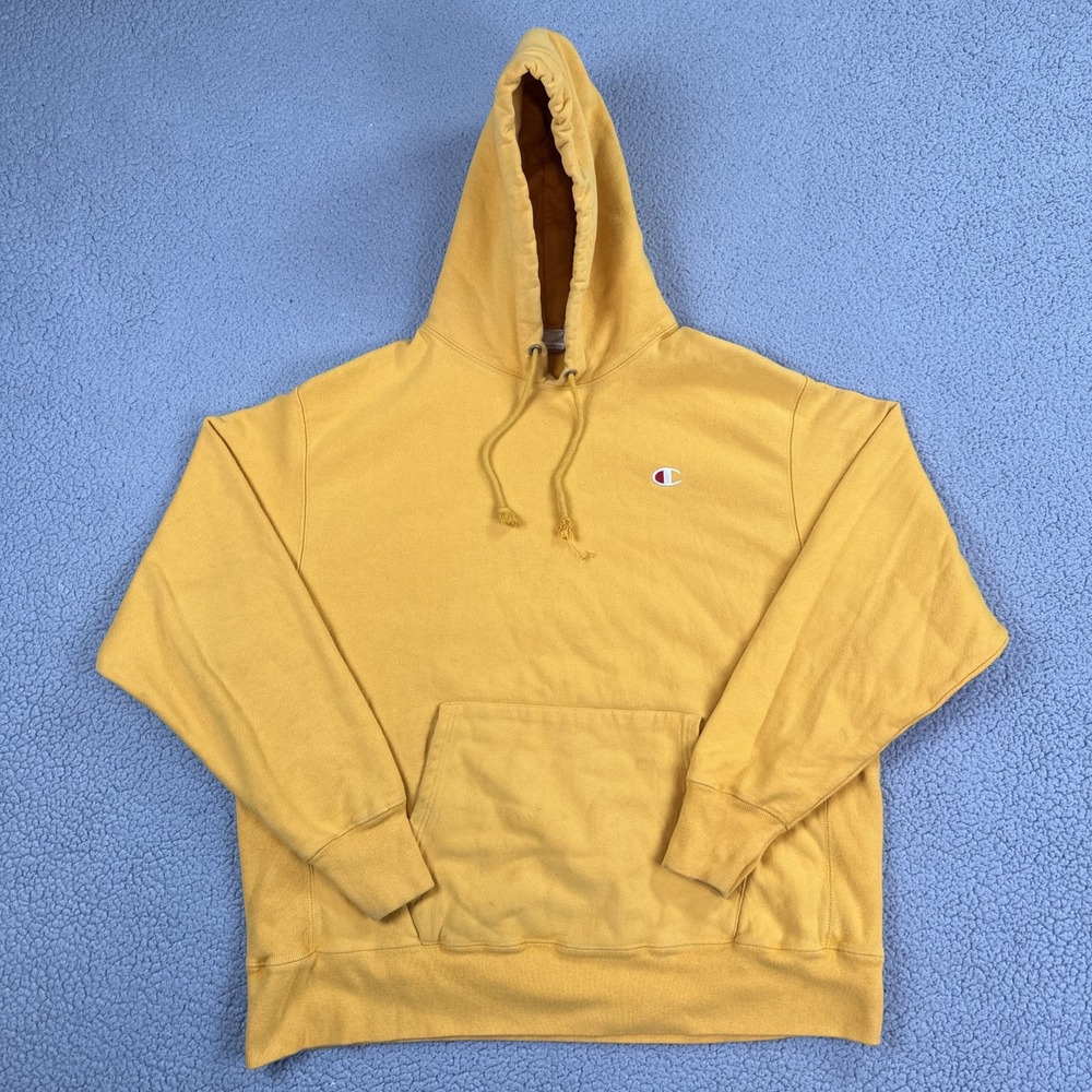 Vintage Champion Reverse Weave Hoodie Mens XL Yellow Fleece Pullover Sweatshirt